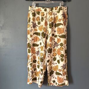 Nicole Miller Linen Pants XL Paisley Birds European Flax Wide Leg Boho Coastal